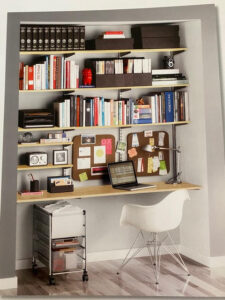 Need a home office?  Short on space?  Remove closet doors, add a few shelves and you have a perfect cozy office!